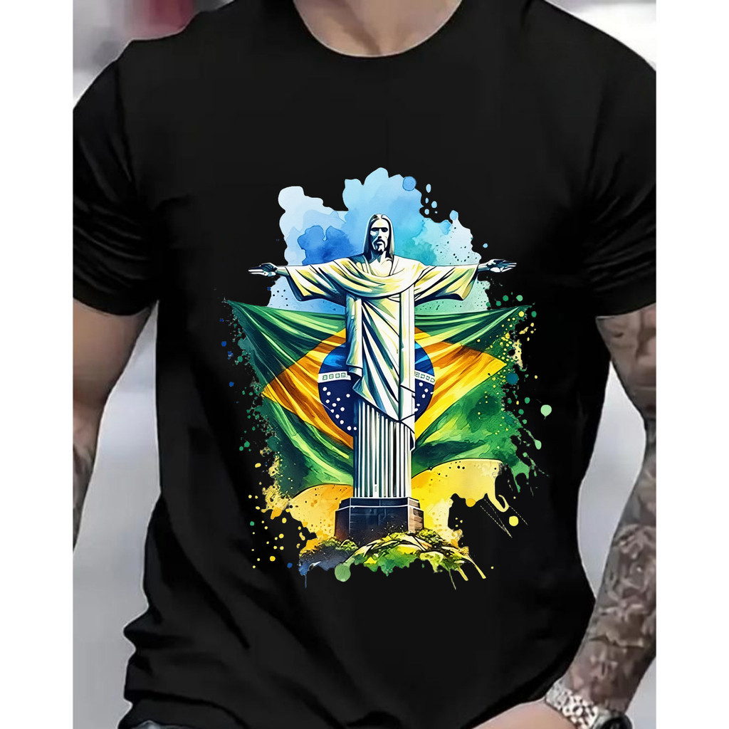 [Camiseta Premium em Algodão Puro]GXG T Shirt Masculino Curto Estilo Brasileiro com Imagem do Cristo Redentor e Bandeira