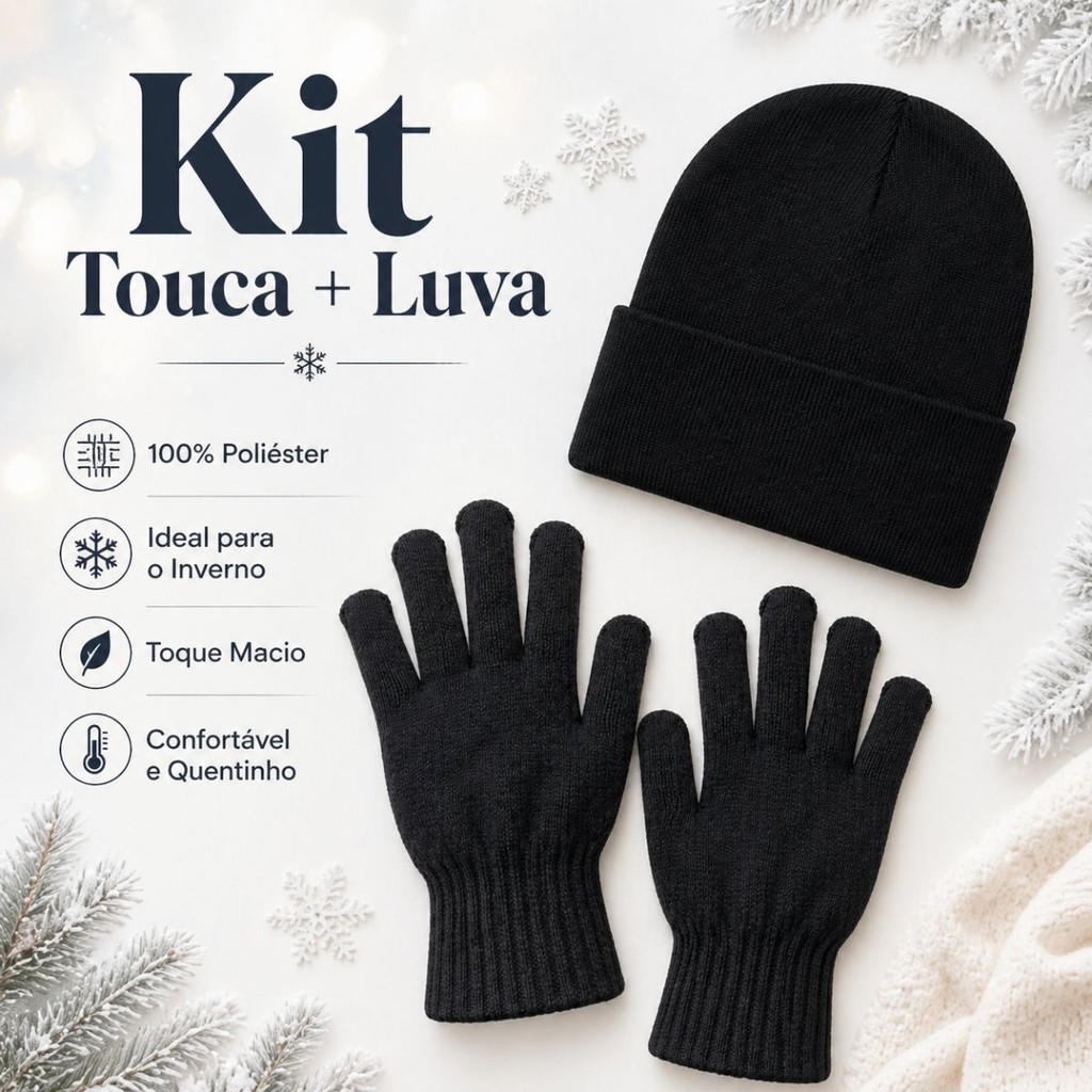 Kit Touca + Luva Lisa Preta Unissex Gorro Casual Inverno Frio Lã Outono Roupa Lisa Confort[avel