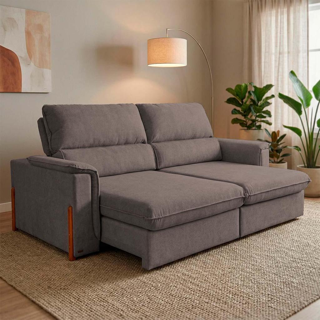 Sofá Retrátil Reclinável Linea 2,30m Linho Bouclê Marrom Duplo Molejo - King House