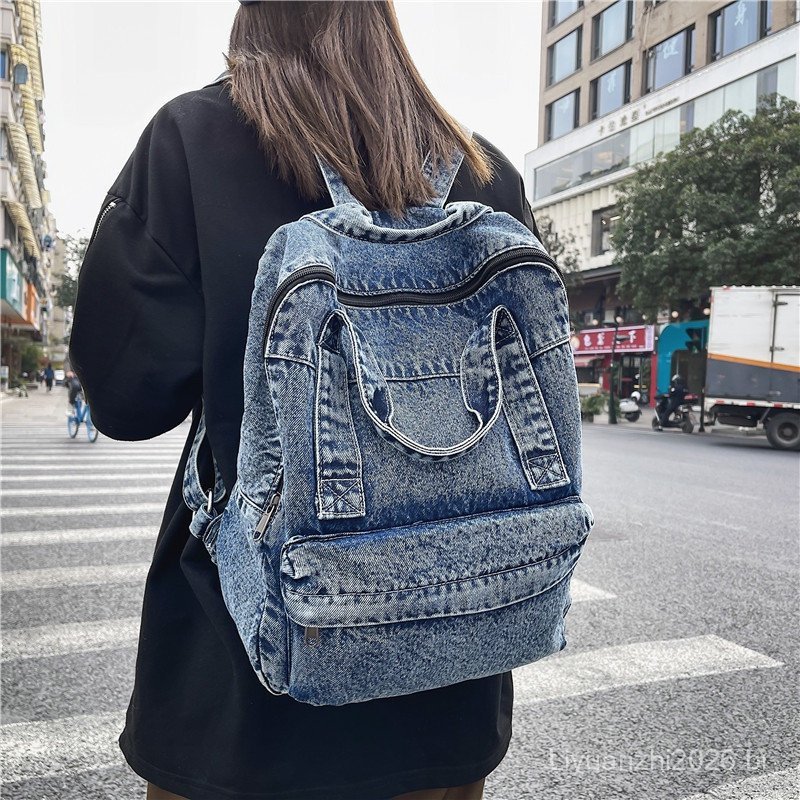 Mochila de jeans lavado estilo Harajuku 2023, mochila de jeans moderna, de grande capacidade, mochila para estud