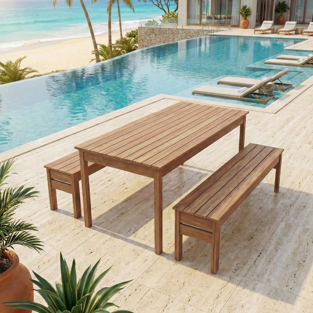 Conjunto Mesa e 2 Bancos em Madeira Maciça Ultron Marrom 200