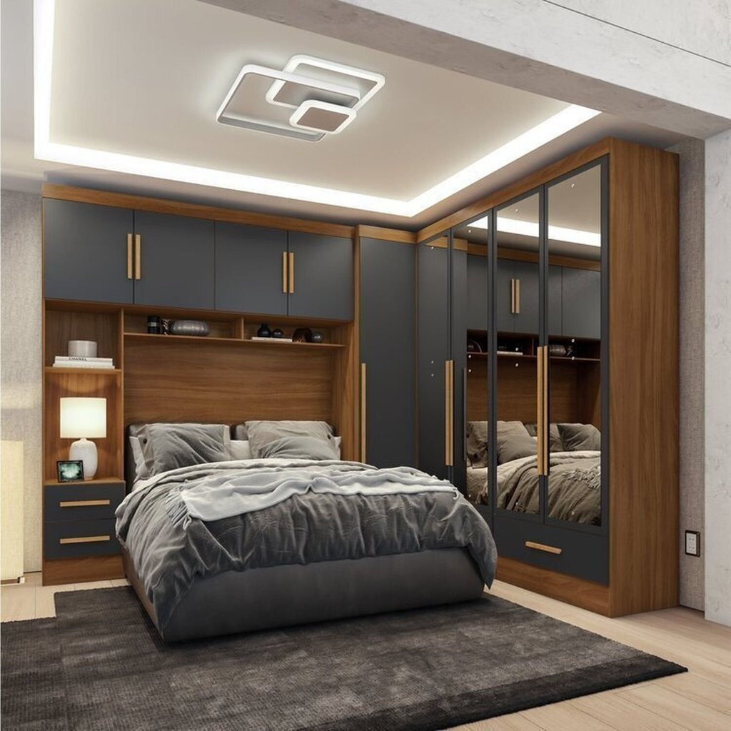 Quarto Modulado Casal 100% MDF 4 Peças 5 Portas 4 Gavetas com Maleiro e Espelhos Smart Plus Yescasa