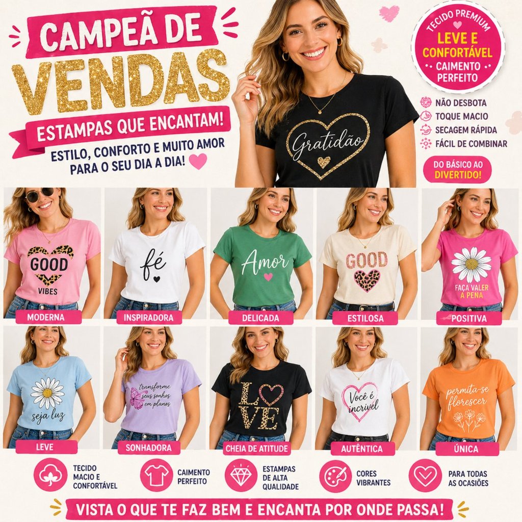 Kit Sortido 1 ou 3 Camiseta Feminina Estilosa Algodão Premium Caimento Perfeito e Confortável
