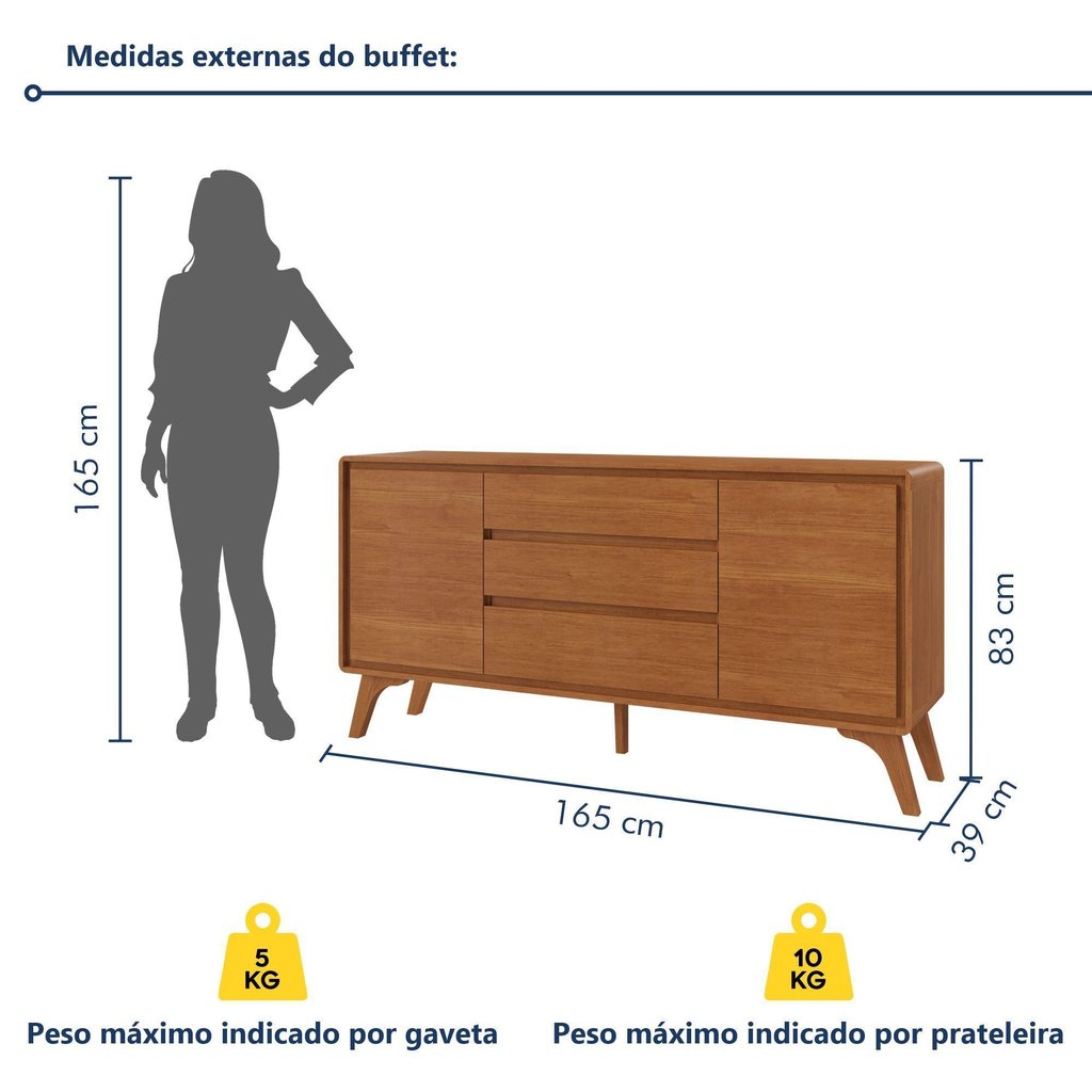 Buffet 2 Portas 3 Gavetas 165cm Pés em Madeira Maciça Ares Naturalle