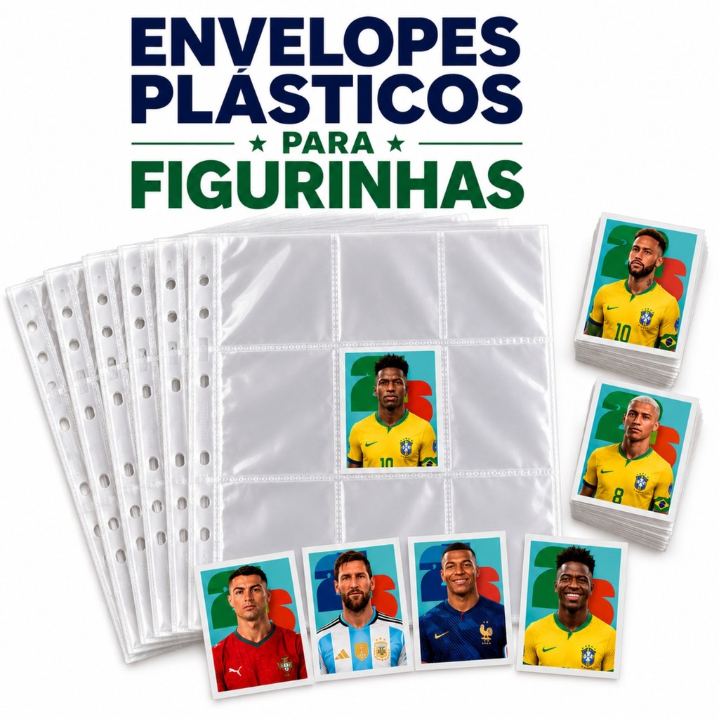 10 Folhas Plásticas Porta Figurinhas Futebol Copa 2026 Envelope para Pasta Álbum