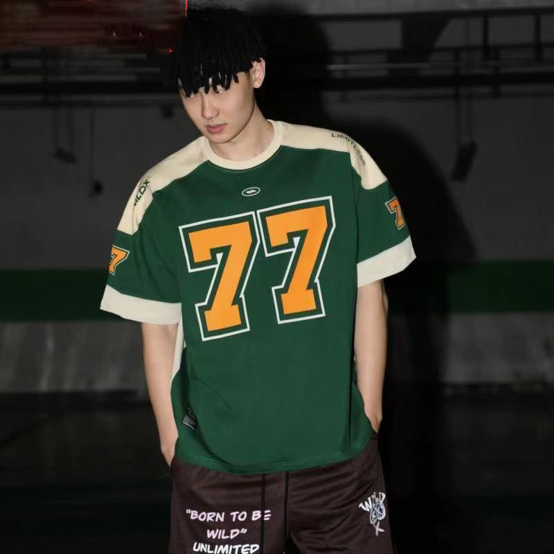 77 hóquei no gelo manga curta americano Retro esportes High Street Casual Rugby camisa basquete Hip Hop camisa camiseta
