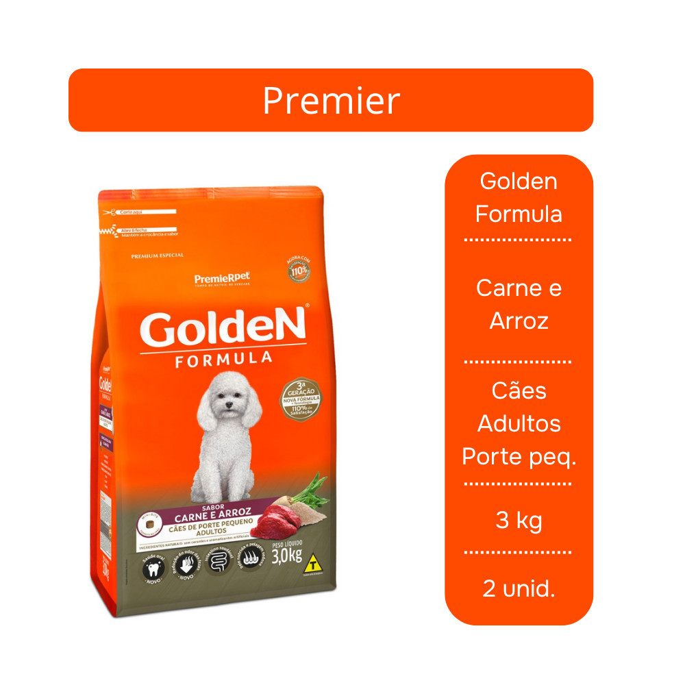 Ração Golden Fórmula Mini Bits Carne e Arroz para Cães Adultos Raças Pequenas 3kg - 2 Unid.