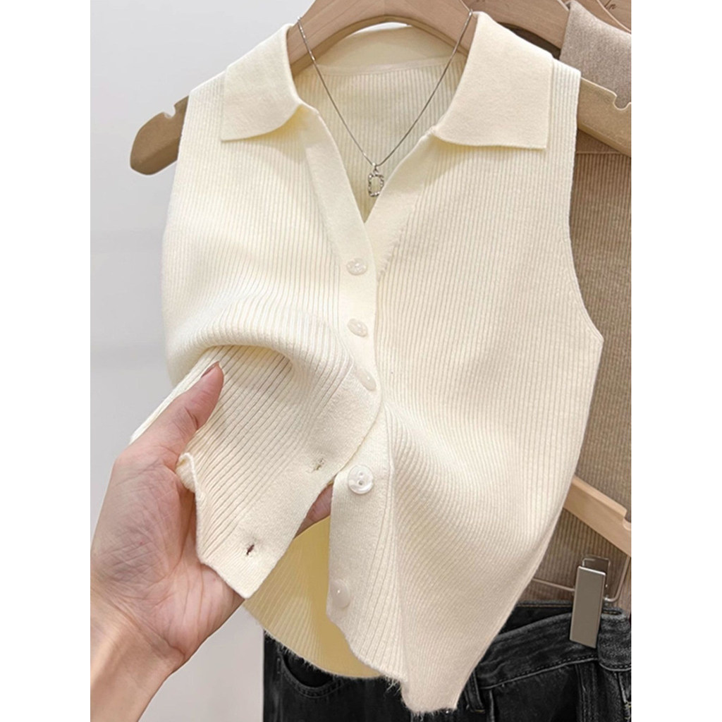 Polo lapela fina camisola de malha colete feminino verão exterior Wear chique doce picante fino-ajuste colete sem mangas