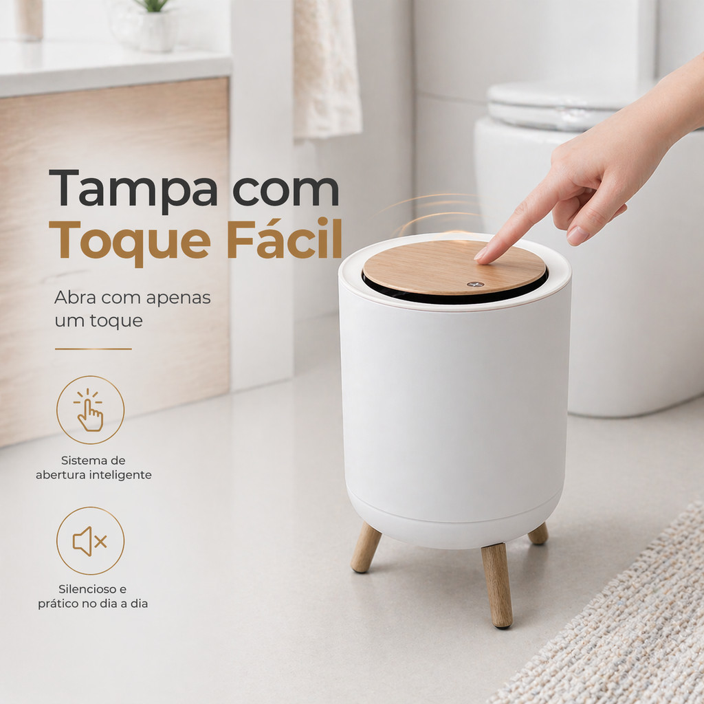 1️⃣Lixeira Decorativa Moderna  8L e 10L com Tampa Click Bambu ou Arame e Pés Simulam Amadeirado