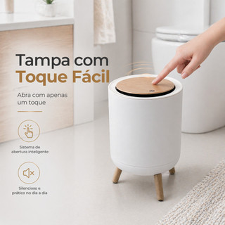 1️⃣Lixeira Decorativa Moderna  8L e 10L com Tampa Click Bambu ou Arame e Pés Simulam Amadeirado