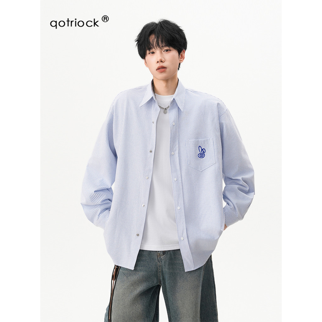 Dopamina Vortex Coelho Listrado Camisa de Manga Comprida Homens Mulheres Outono Street Wear Solto Camisa Preguiçosa Casa