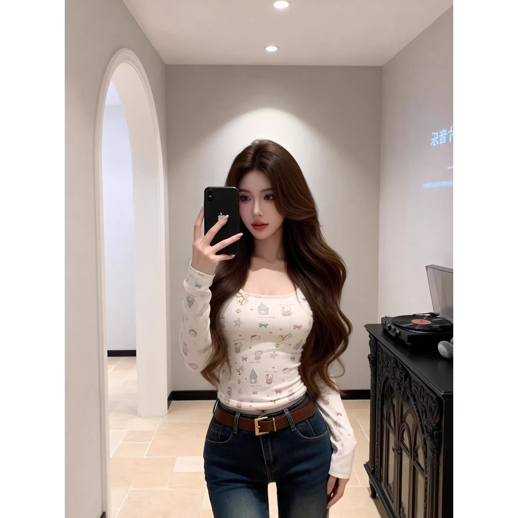 Puro desejo doce quente menina kt gato impressão U-pescoço de manga comprida camiseta feminina primavera outono camisa d