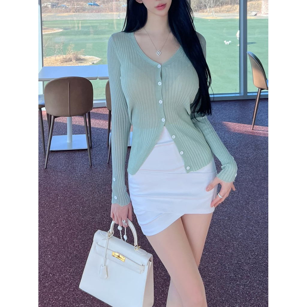 [Sweet Spicy oL] Menta Verde Branco Slim-fit Slimmer Look Cardigan de manga comprida Jaqueta curta Protetor solar Roupas