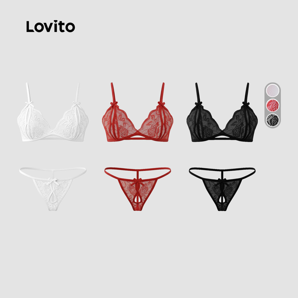 Lovito Conjunto De Lingerié 3 Peças Renda Transparente Sensual Primavera/Verão Preta Feminino LNE143143