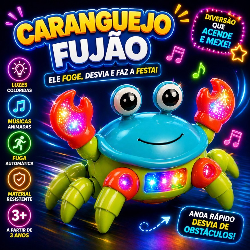 Caranguejo Fujão Brinquedo Dançarino Musical Som Luz Movimento Interativo Infantil Bebê Diversão