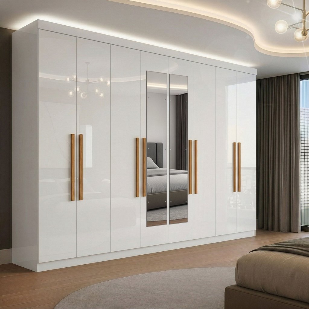 Guarda-Roupa Casal com Espelho 8 Portas 4 Gavetas Paris Branco Branco