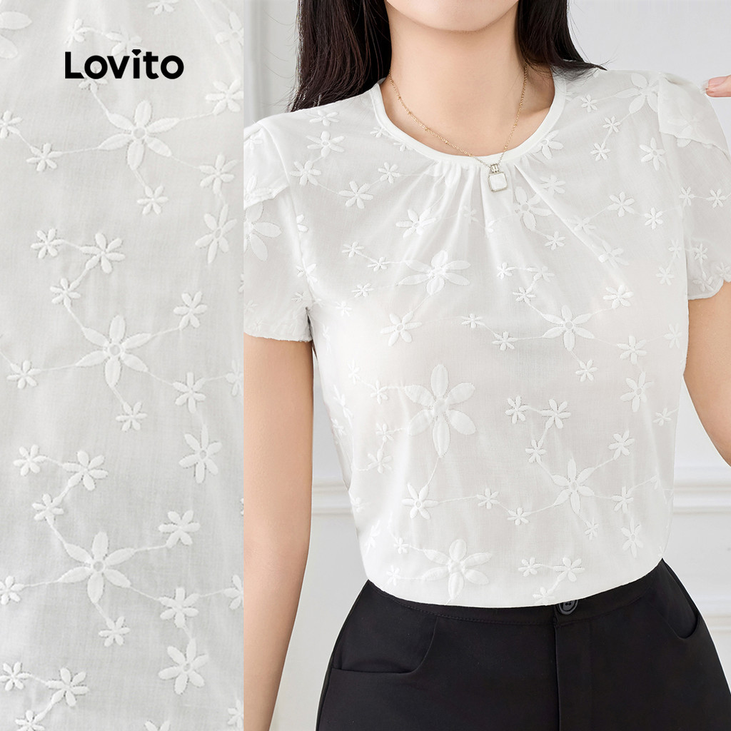 Lovito Elegante Blusa com Bordado de Ilhós Primavera/verão Blusa Branca para Mul