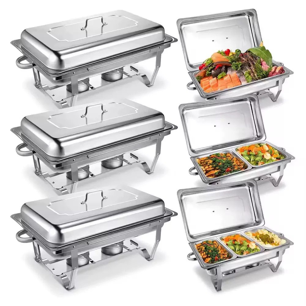 Fogão de aço inoxidável para buffet com tampa basculante, fogão a álcool quadrado