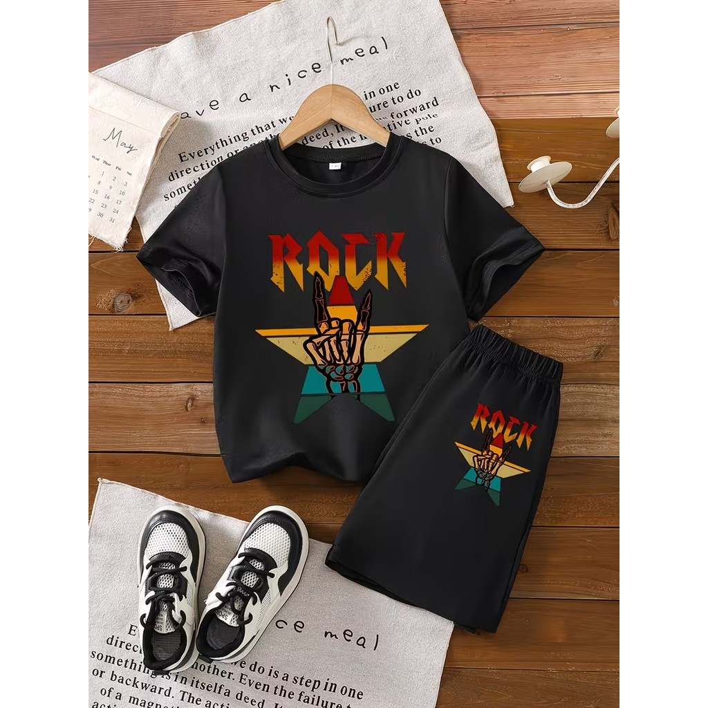 Kit Camiseta Algodão Masculina Rock Colorido + Short Tactel Rock Estampado Promoção 100% Algodão Premium Confortável