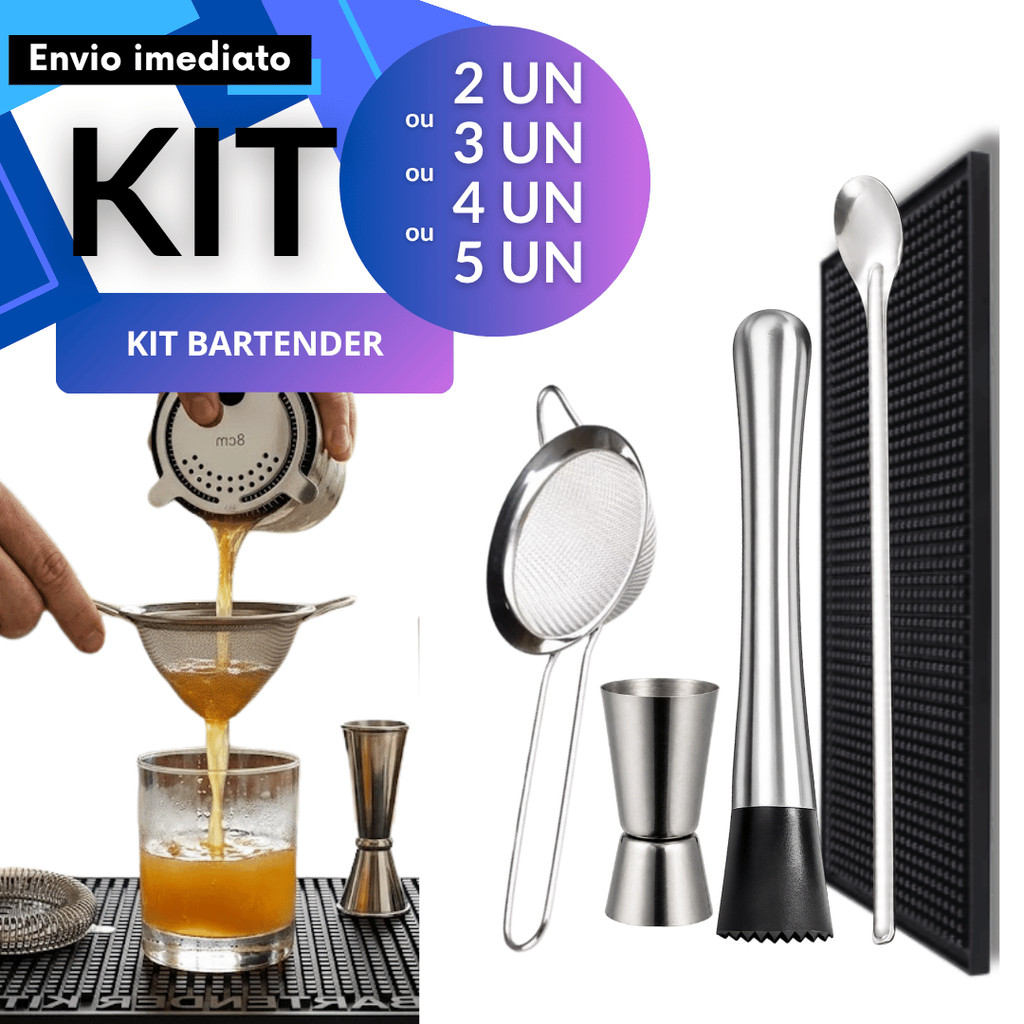 Kit Drinks Conjunto Bartender Barman Aço Inox Socador Ponta Emborrachada Dosador Duplo Peneira Tapete Bar Festa 5/4/3/2