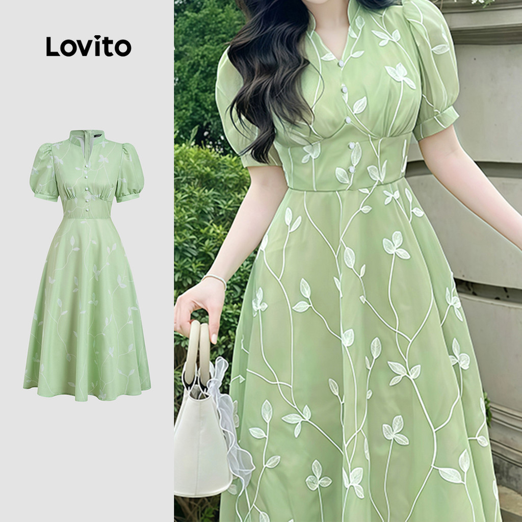 Lovito Elegant Vestido Primavera/verão Vestido Verde para mulheres L157ED284