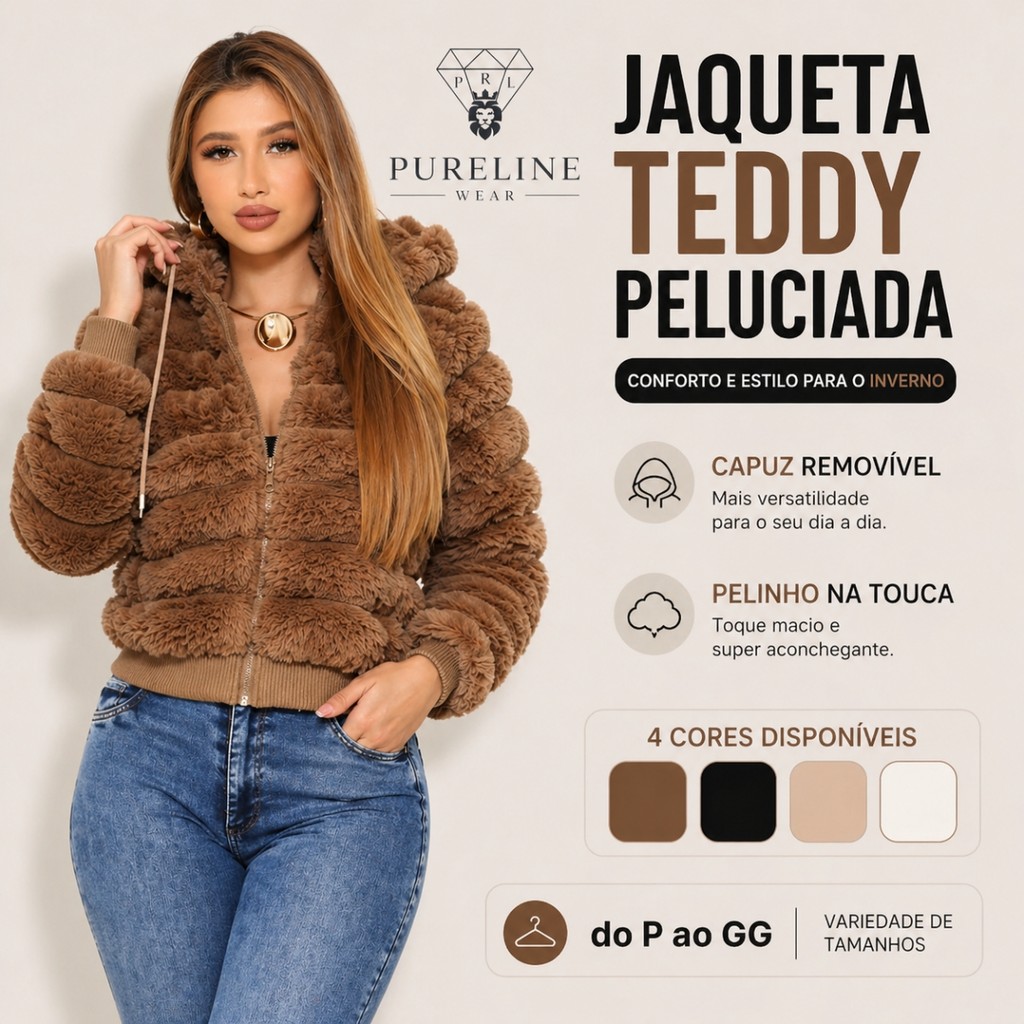 Jaqueta Puffer Teddy Pelúciada Feminina Inverno Pelinhos