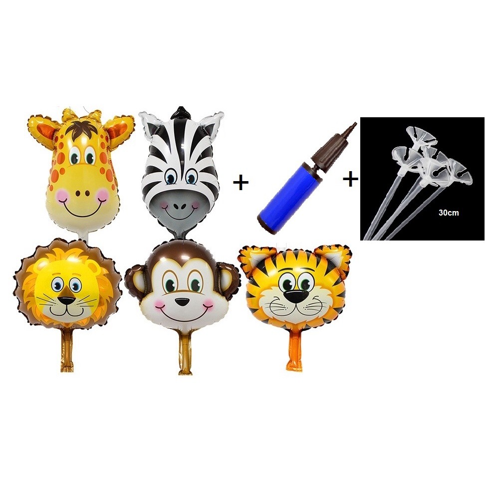 20 Balão Metalizado Animais Safari 32cm + Bomba + Varetas festa Lembracinha decoração