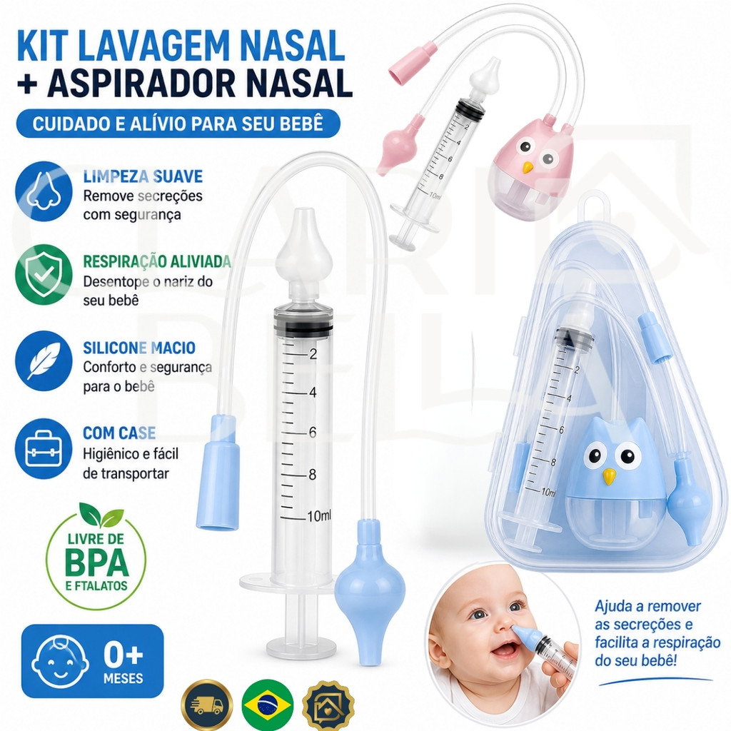 Kit Lavagem Nasal Bebê Aspirador Silicone BPA Free com Case