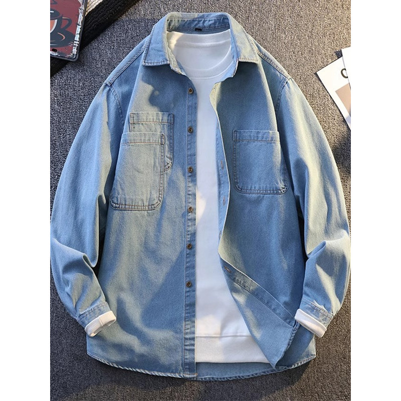 Camisa jeans masculina de manga comprida verão fina solta camisa lavada jaqueta masculina Casual bonito polegada camisa 