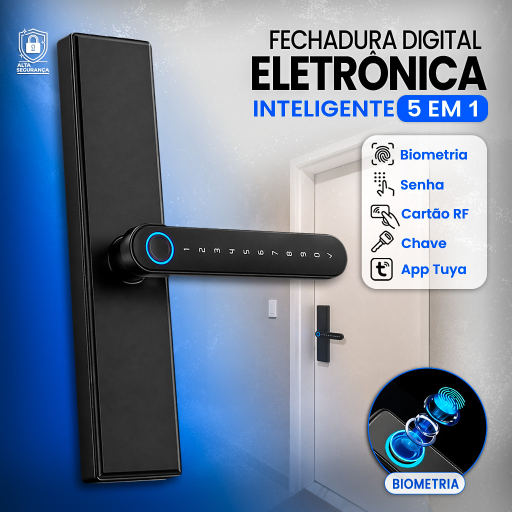 Fechadura Digital Eletrônica 5 em 1 Biométrica Senha Cartão App Tuya Bluetooth