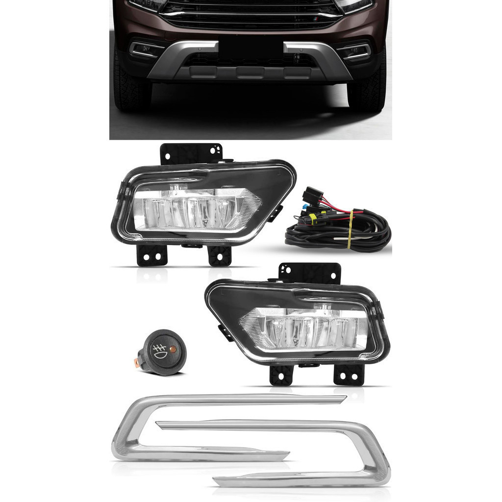 Kit Farol de Milha Neblina Fiat Toro 2022 Em Diante Farol LED Moldura Cromo Botão Alternativo