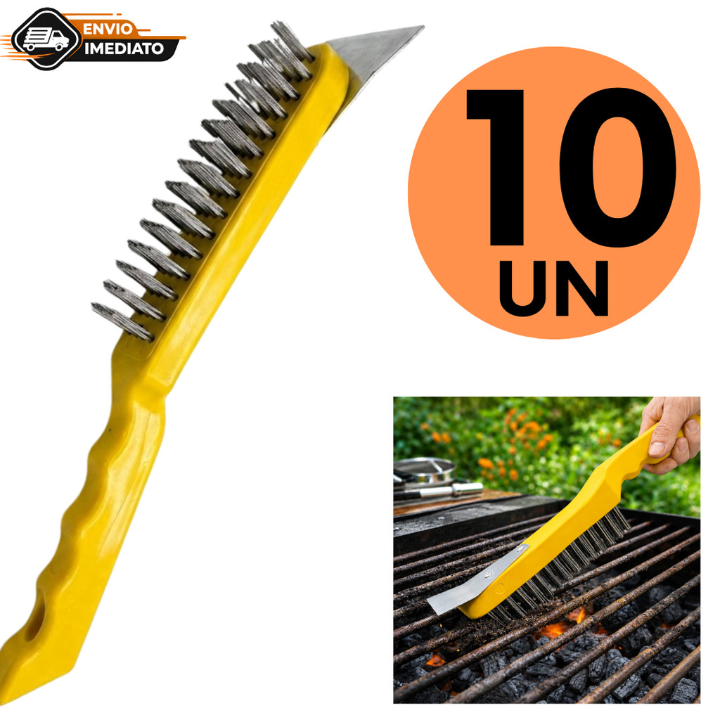 Kit 10 Escova de Aço Limpa Grelha Churrasqueira com Raspador Tela Padaria Forno Ferrugem Atacado