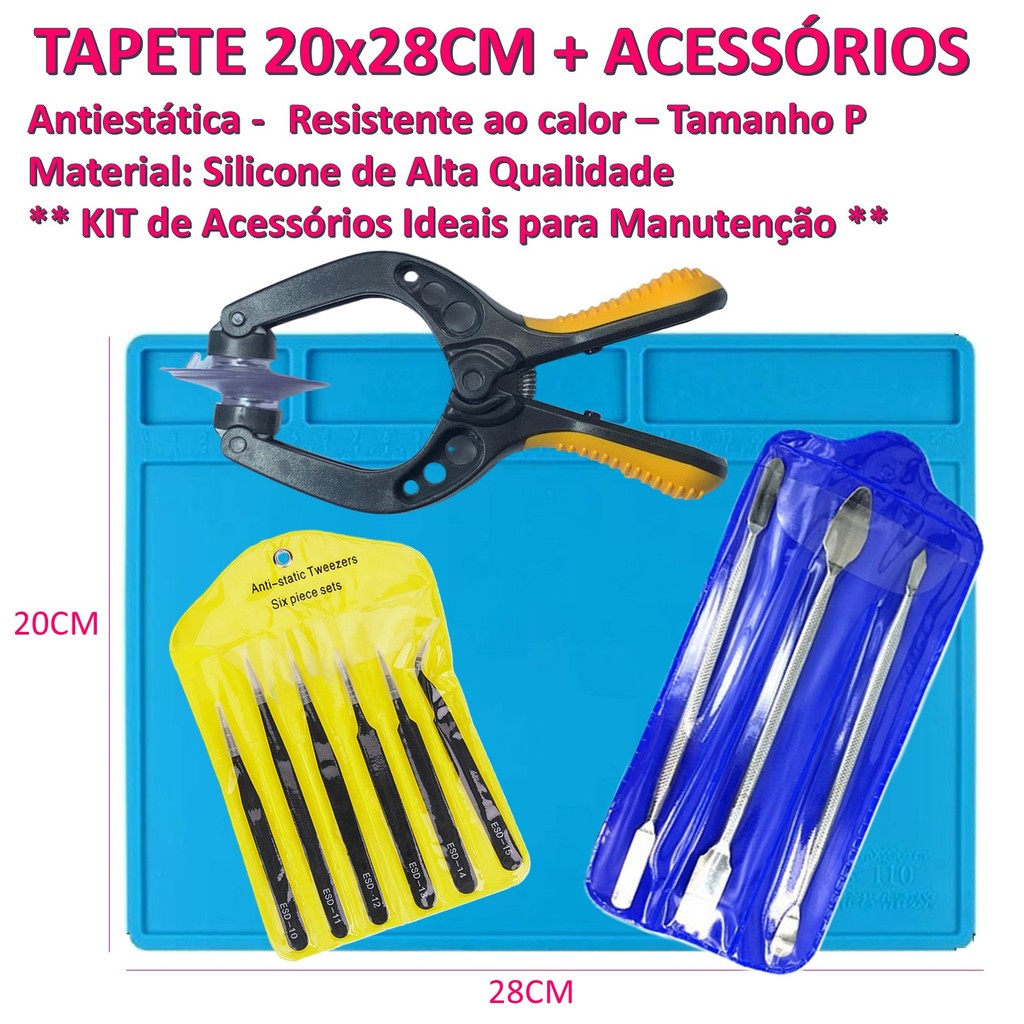 Kit Bancada Mobile Manta Silicone 20x28cm Antiestática +Ventosa Profissional Espátulas Abrir Celular