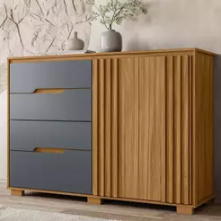 Comoda Sapateira Texas Moderna Para Casal 4 Gavetas Porta Frisada Pés Madeira Freijo com Cinza Moval