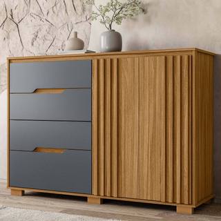 Comoda Sapateira Texas Moderna Para Casal 4 Gavetas Porta Frisada Pés Madeira Freijo com Cinza Moval
