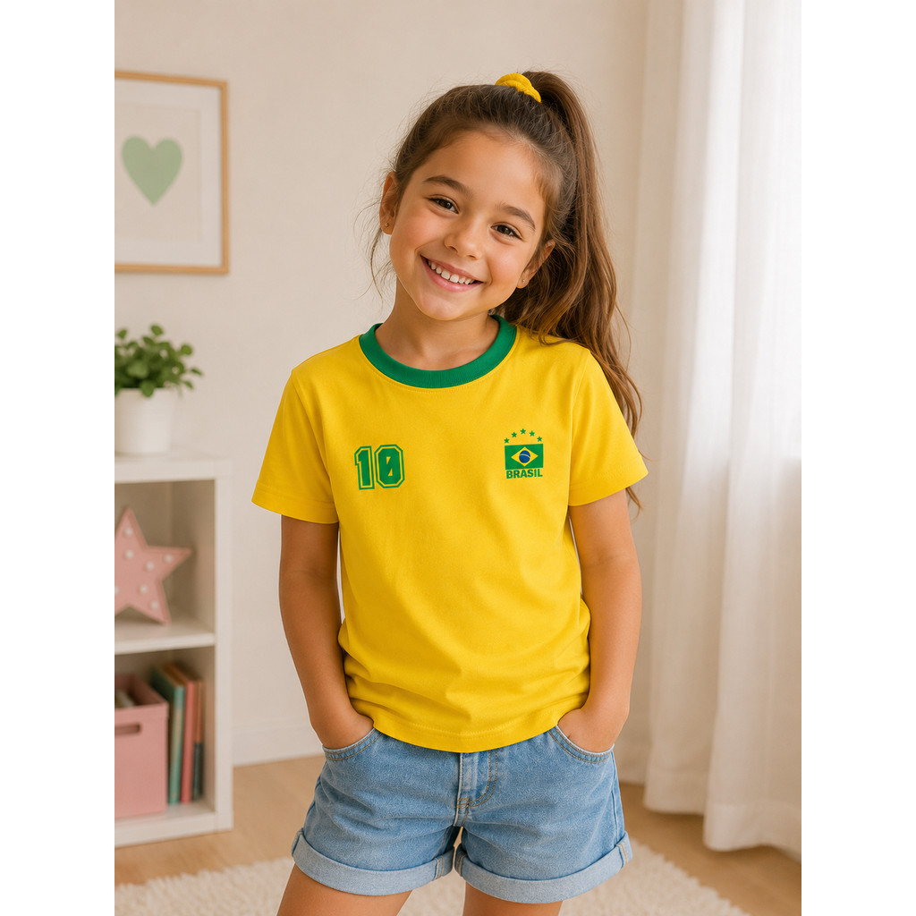 Camiseta Infantil do Brasil, Camiseta da Seleção, blusinha Copa do Mundo, blusa infantil amarela.