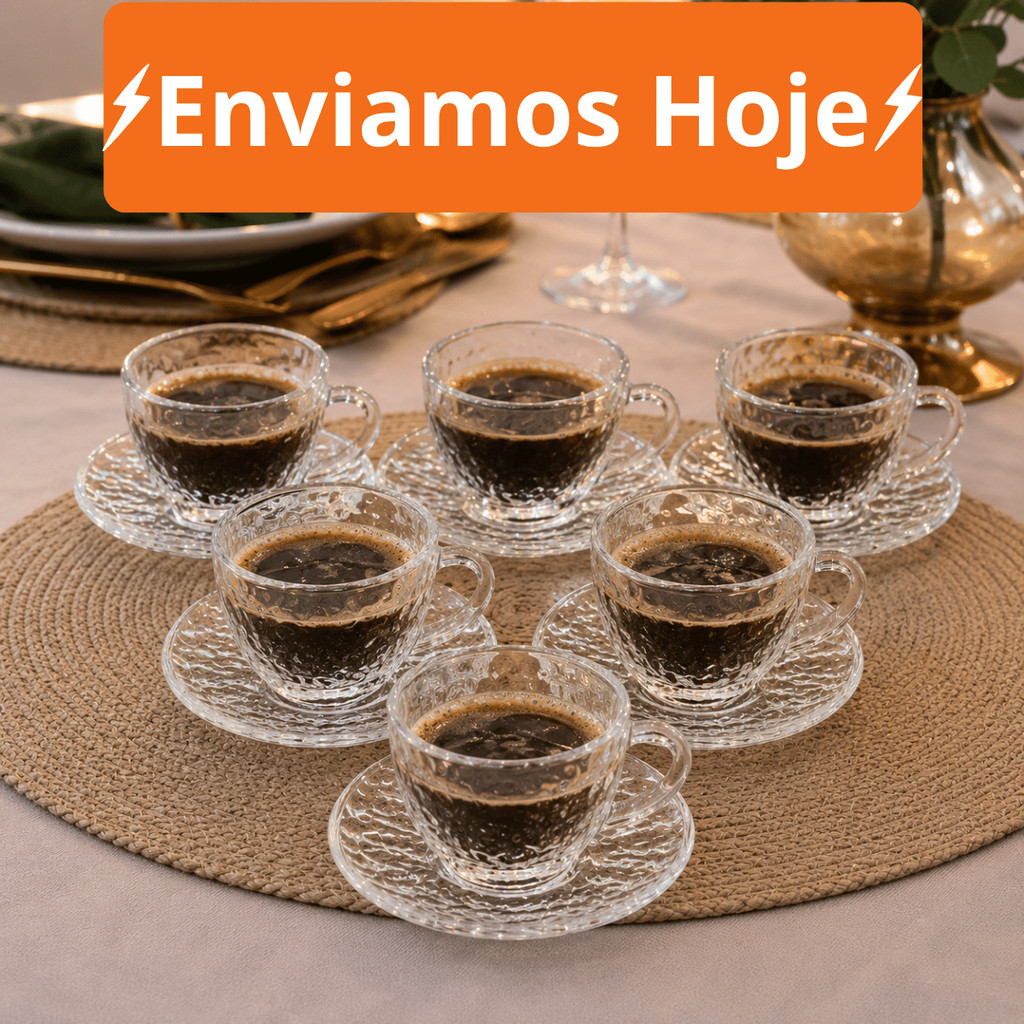 Jogo de Xícara com Pires 8 ate 24 Peças Cafe e Cha Brasiliano Transparente Vidro 90ml Decorada Luxo