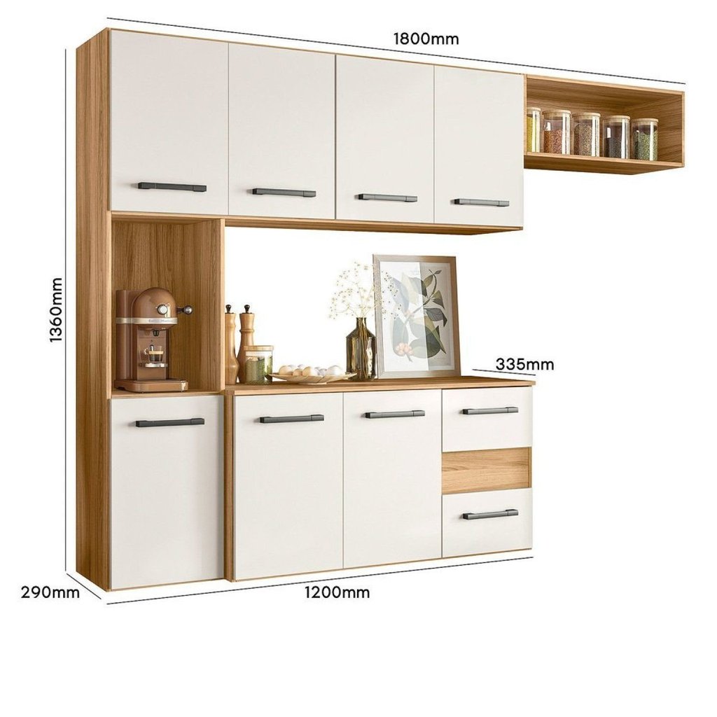 Cozinha Compacta Modulada Suspensa 7 Portas 2 Gavetas Juliete Branco/Freijó/Off White Cristal Freijó/Off White Cristal · foto 2