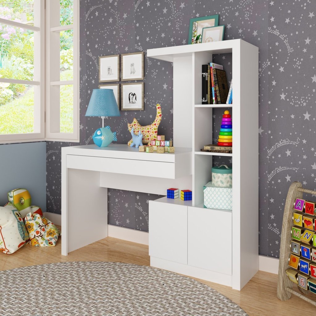 Mesa de Estudos Infantil 122,5x138x46, Lucca 1 Gaveta 122,5cm Branco Branco