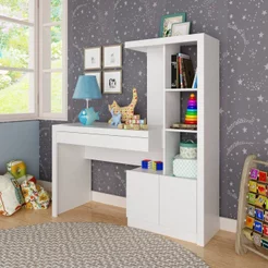 Mesa de Estudos Infantil 122,5x138x46, Lucca 1 Gaveta 122,5cm Branco Branco