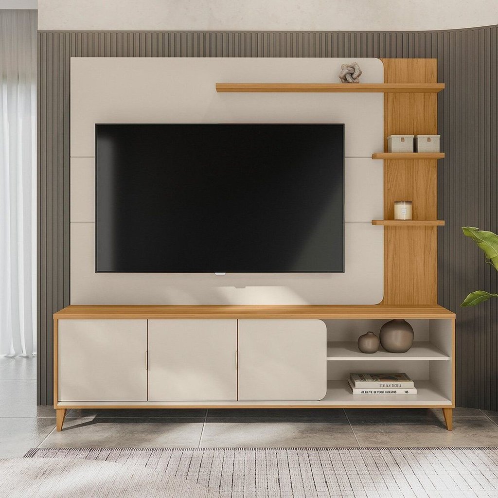Estante para TV e Home Theater até 70 Polegadas MDF 200cmx193cm Pés em Madeira Maciça Napoli Branco Tauari/Off White