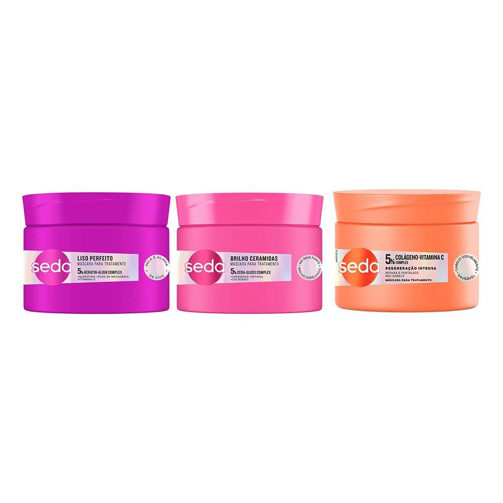 Kit 3 Máscaras de Tratamento Seda Niina Secrets Colágeno + Brilho Cerâmidas + Liso Perfeito 300g cada