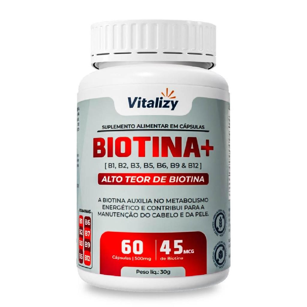 Biotina 45mcg Vitalizy Cabelo Pele Unhas Vitaminas B1 B2 B3 B5 B6 B9 B12 60 Cápsulas Alta Concentração