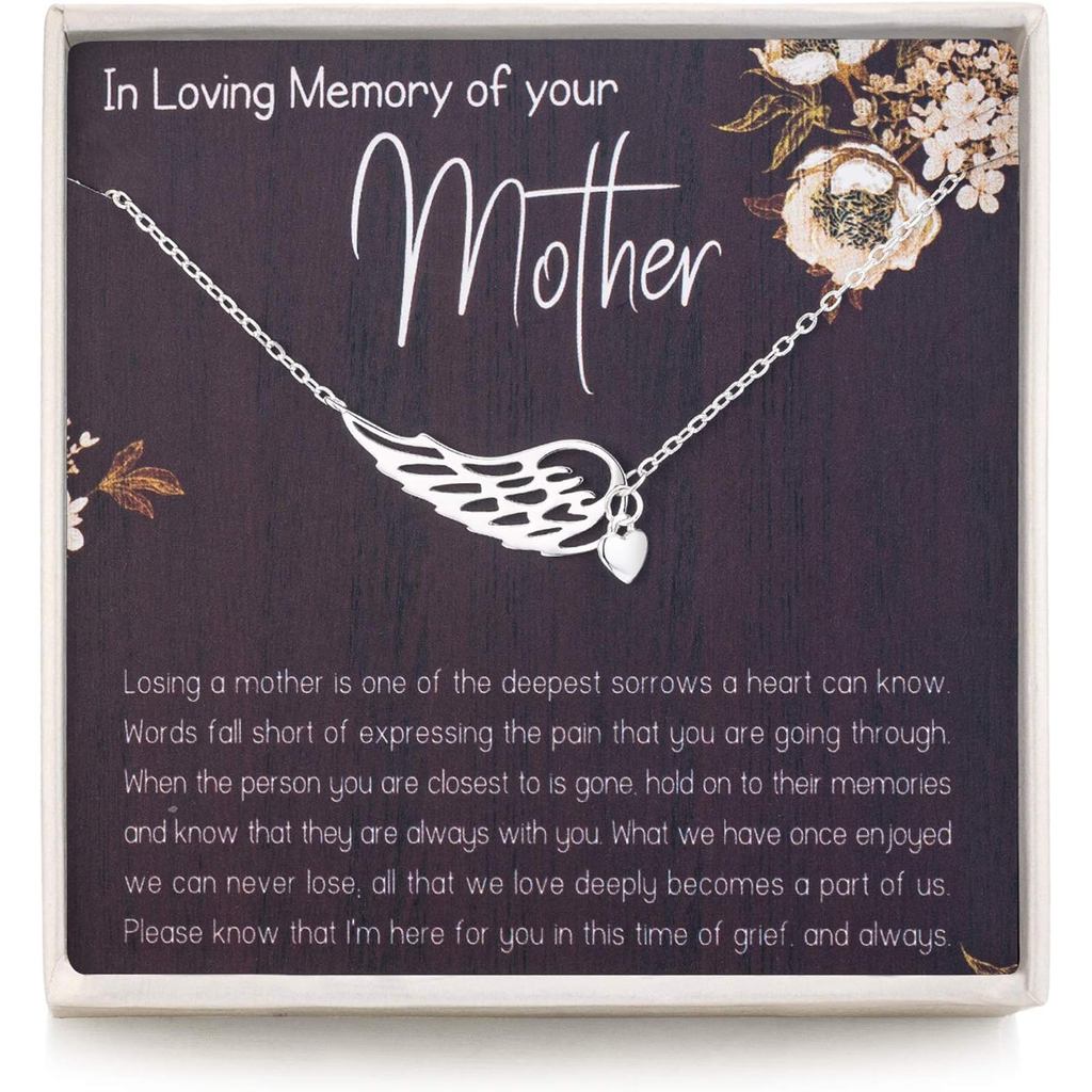 Presentes de Condolências RareLove para a Perda da Mãe - Presentes de Luto, Colar com Pingente de Coração e Asa de Anjo 
