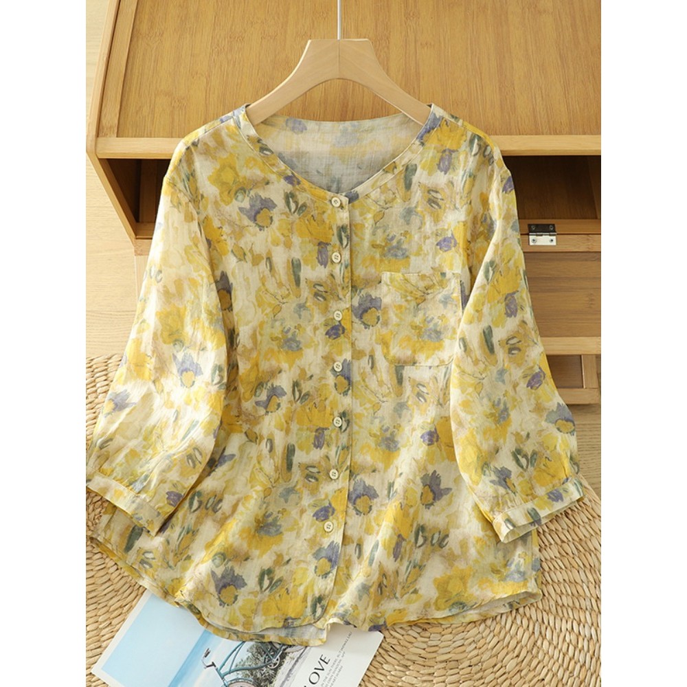 Literário novo estilo algodão linho Floral camisa feminina manga de cinco pontos camisa 2025 verão linho mãe usar em tor