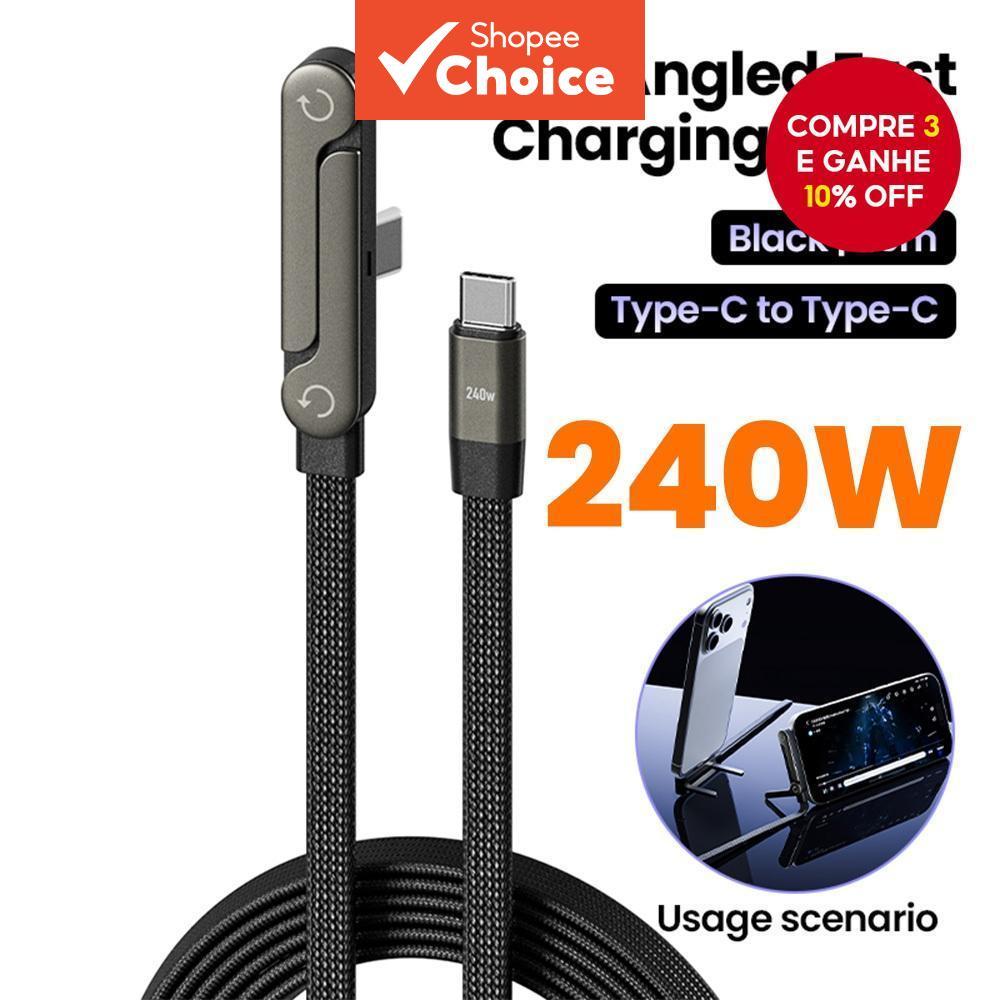 Novo Cabo de Carregamento e Dados 2 em 1 240W Dobrável com Suporte para Celular/Tablet, Cabo de Ângulo Reto