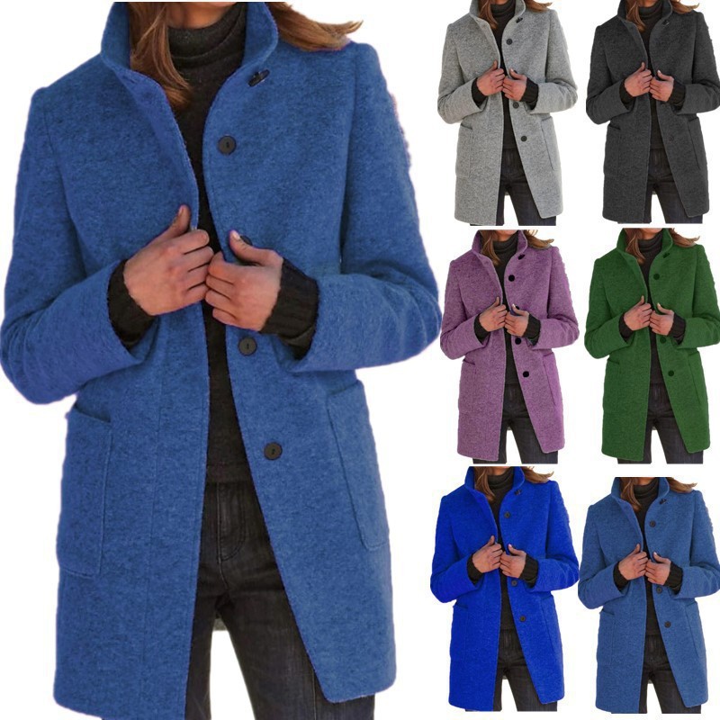 2026 outono inverno Cross-Border feminino novo estilo Retro cor sólida botão gola alta W