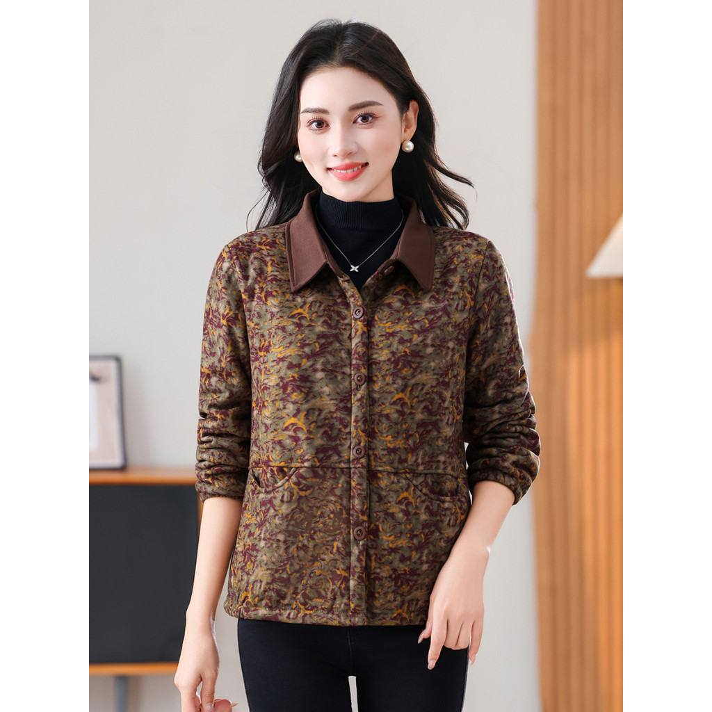 Roupas femininas idosas de meia-idade roupas da mãe estilo ocidental forro de lã camisa roupas de outono lapela Floral 5