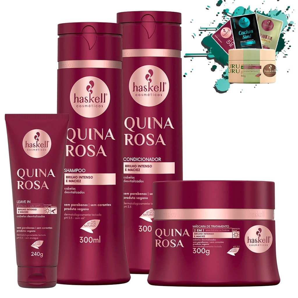 Kit Quina Rosa Shampoo Condicionador Máscara 300ml/gr + Leave-in 240gr Haskell