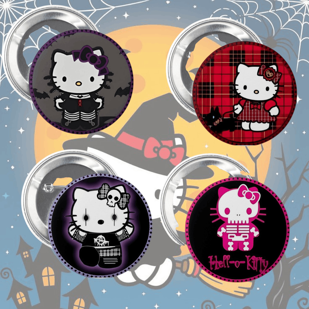 Kit 4 Bottons Hello Kitty Halloween Fofo Kawaii Escolar Mochila Bolsa Broche Pin Alfinete Boton Button 3,5cm 5,5cm